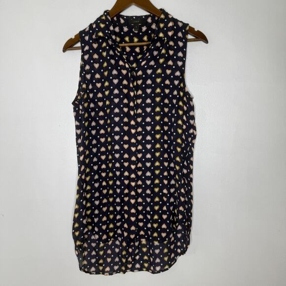 J Crew Shirt Womens 2 Navy Blue Heart Print Sleeveless 100% Silk Blouse Top - Picture 1 of 7